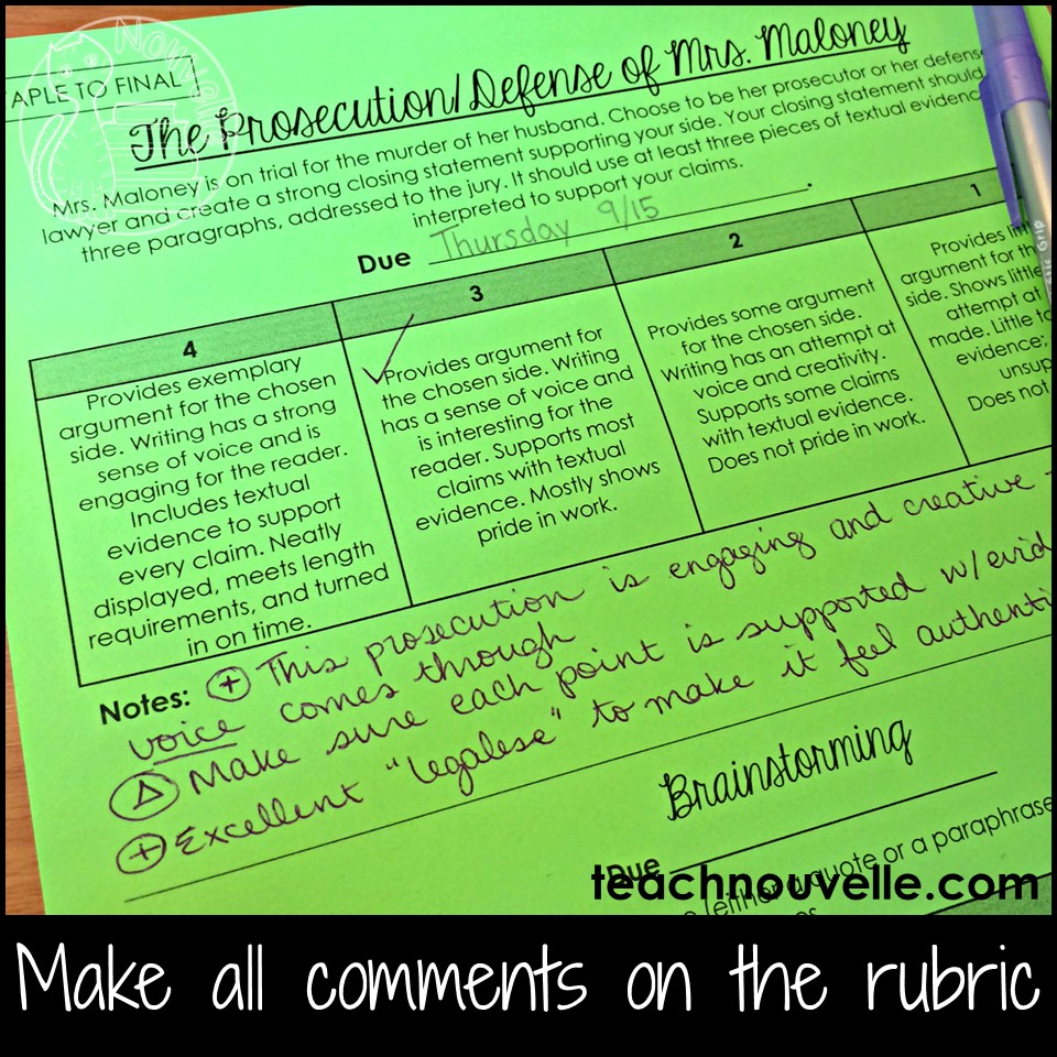 Make grading easier by only writing on the rubric. By writing focused comments on the rubric, you'll reduce your grading time while still assuring that your students receive valuable feedback. Read more at the blog post.