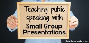 Teach Public Speaking with small group presentations. Smaller audiences boost speaker confidence, keep audience members engaged and accountable, and improve usage of class time. Blog post.