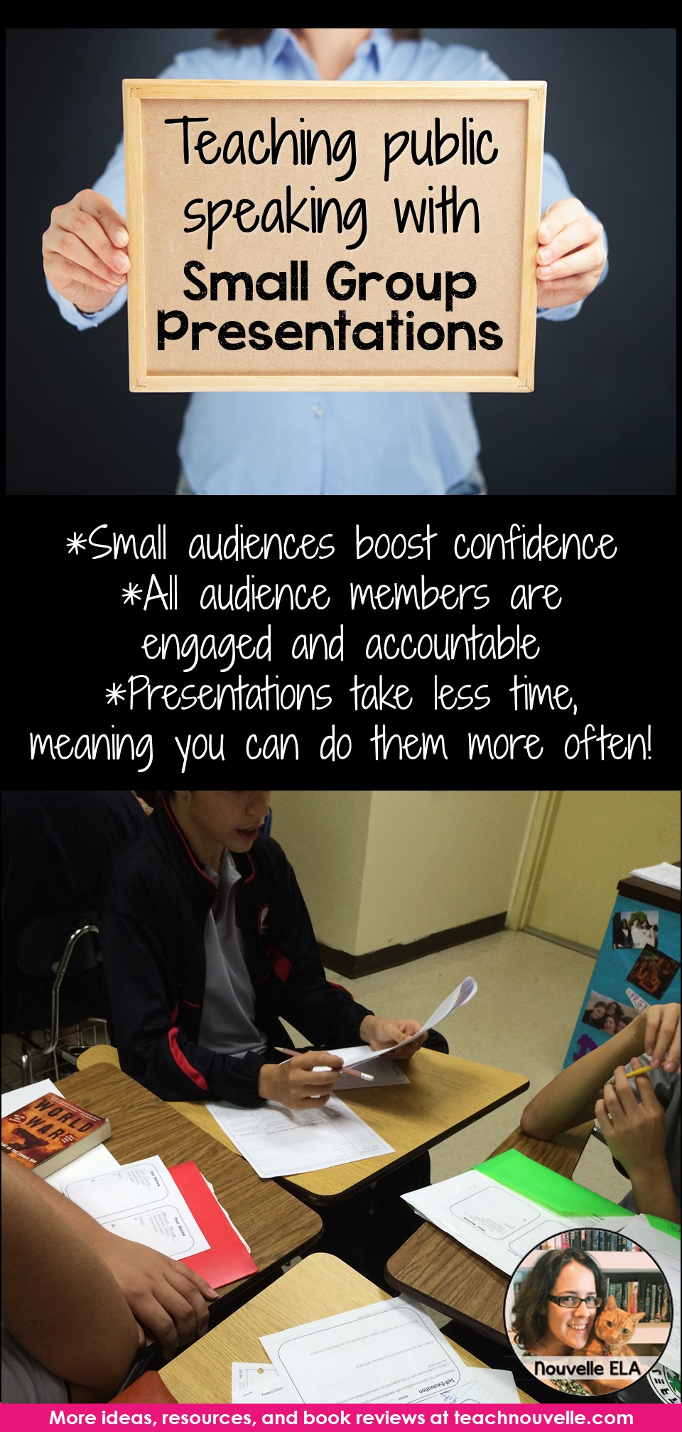 Teach Public Speaking with small group presentations. Smaller audiences boost speaker confidence, keep audience members engaged and accountable, and improve usage of class time. Blog post.