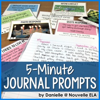 The title "5-minute journal prompts" lays atop a notebook written in and a pule of prompts and photos