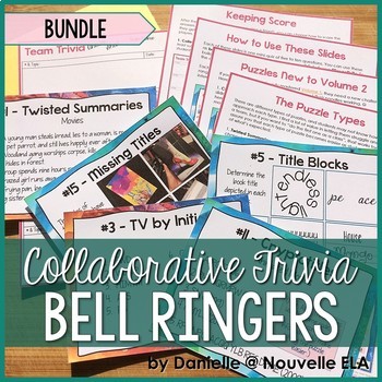 various classroom bell ringers appear overlapped with the title "Collaborative Trivia Bell Ringers"