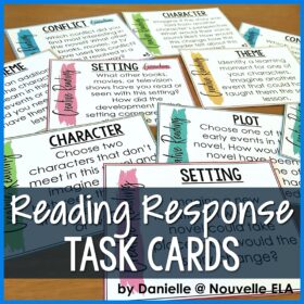 Reading Response Task Cards lays atop a pile of various task cards laid out with setting, character, plot, etc. writing prompts
