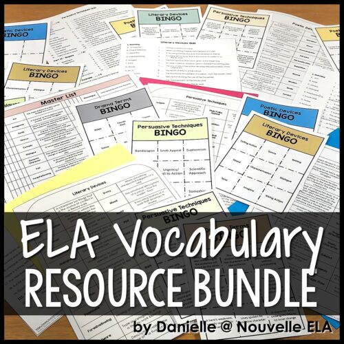 This mega BUNDLE includes five great tools for teaching ELA vocabulary, including literary devices and terminology, poetic devices, drama terminology, Greek roots, and persuasive techniques.