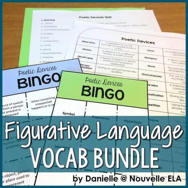 figurative language and poetic devices vocabulary bundle with two BINGO sheets atop worksheets included in the bundle