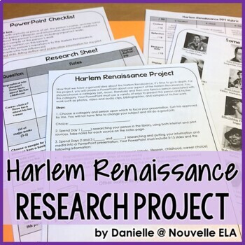 "Harlem Renaissance research project" rests atop 5 printed worksheets from this bundle