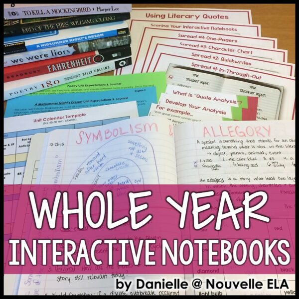 Interactive notebooks for secondary ELA yearlong bundle written over a magenta colored text box with layered pile of papers showcasing various student work