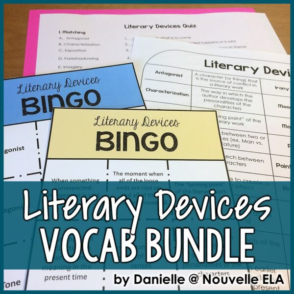 Literary Devices Bundle shows BINGO cards (one blue and one yellow) in the background