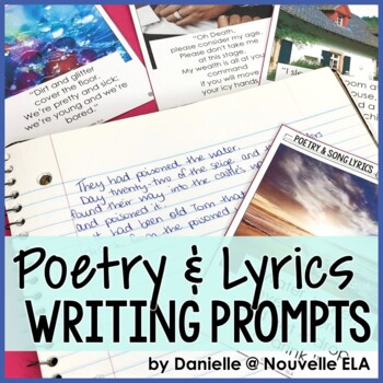 "Poetry and Lyrics Writing Prompts" is written atop a notebook that has been written in along with polaroid sized photos. This is a creative writing prompts resource
