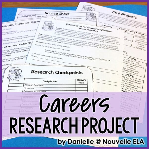 Career research project with 5 printed worksheets included in the bundle layered atop one another