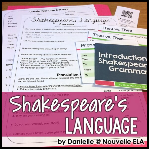"Shakespeare's Language" lays atop various related worksheets