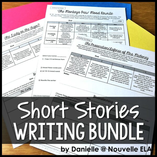 Short Stories Writing Activities Bundle with three handouts layered atop one another. A pink, blue, and yellow piece of construction paper act as the backdrop behind the printed worksheets.