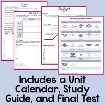 The Pearl Activities Unit Bundle image previews the calendar, study guide, and final test
