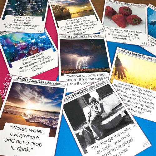 Creative Writing Prompts on flash cards with corresponding images displayed as a flatlay