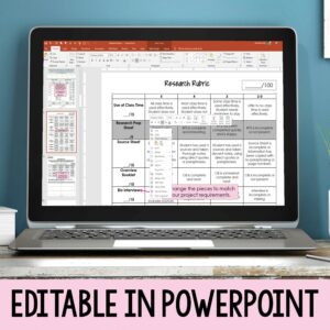 the editable rubrics appear on a computer screen stating it is "Editable in powerpoint"