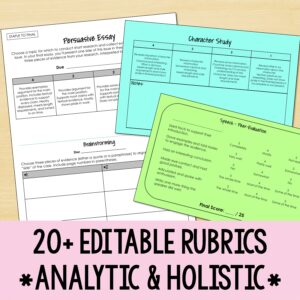 a photo of various editable rubrics are displayed advertising that there are 20+ available in this bundle