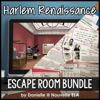 Introduction to the Harlem Renaissance activity showcases a museum in the background overlayed with paper versions of the escape room tasks