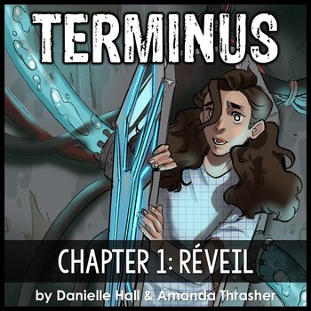 "Terminus Chapter 1: Reveil" is text that lays over an image of a young adult brunette, Rania, in a medical gown looking concerned. This is a digital escape room designed for students to practice making inferences
