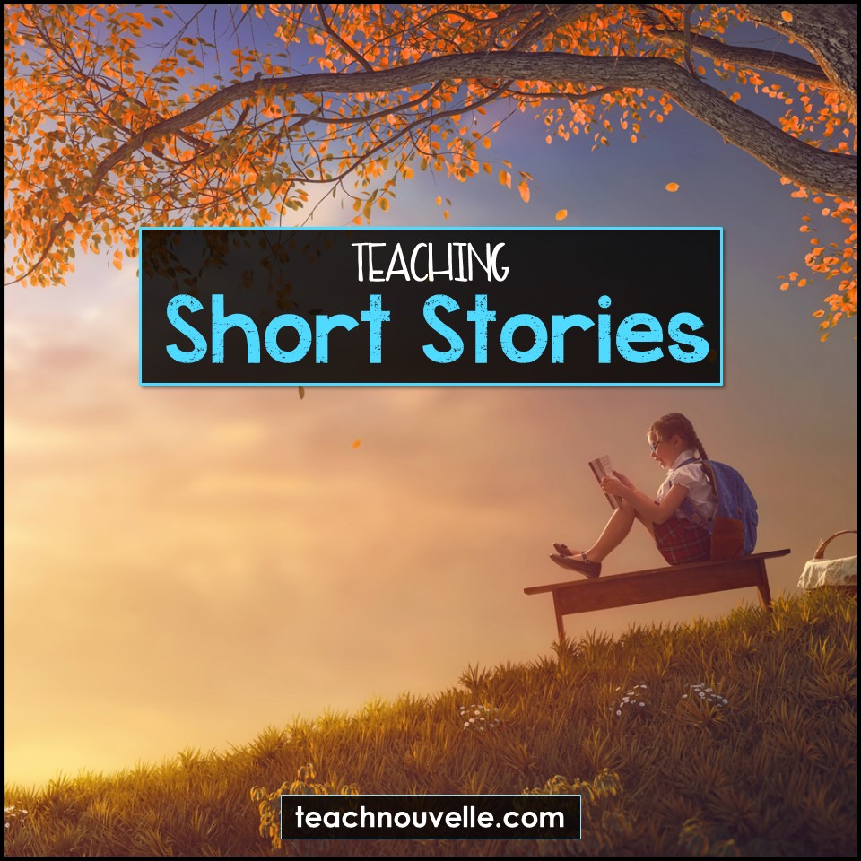 A young girl reading under a tree with the text overlayed "Teaching Short Stories"