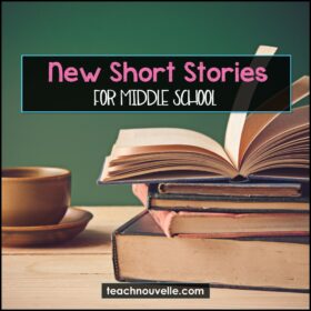 A stack of books next to a coffee cup with the text overlayed "New Short Stories For Middle School"