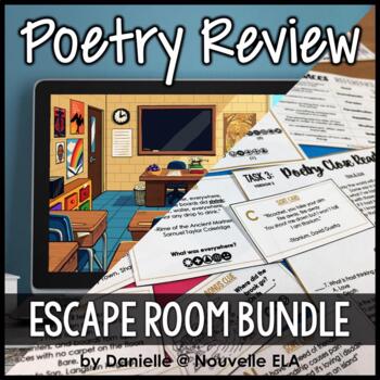 Poetry Review Escape Room Bundle with a screen split diagonally in half showcasing a digital version and a paper version of the escape room.