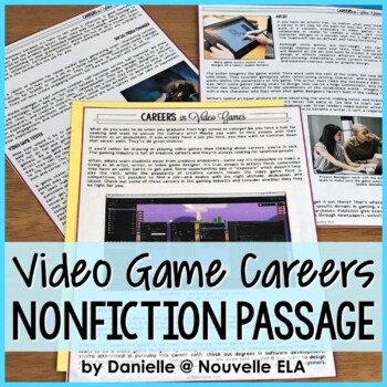 Nonfiction reading passage about careers in video games is pictured behind the title of the resource