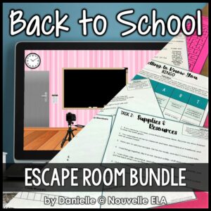 Back to school escape room bundle with a diagonally split screen: one side with a virtual classroom and one side with papers layered atop each other.