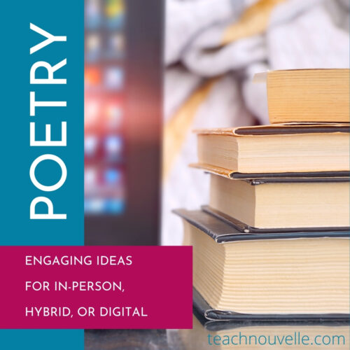 A stack of books with the overlayed text "Poetry. Engaging ideas for in-person, hybrid, or digital."