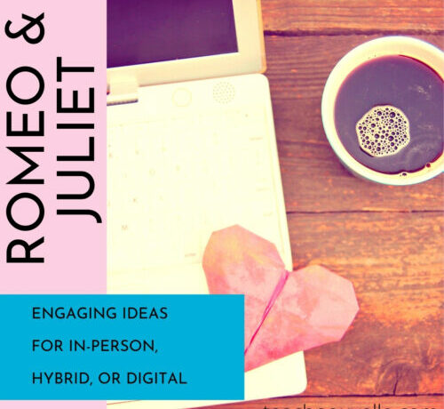 A cup of coffee next to a laptop with the text "Romeo & Juliet. Engaging ideas for in-person, hybrid, or digital."