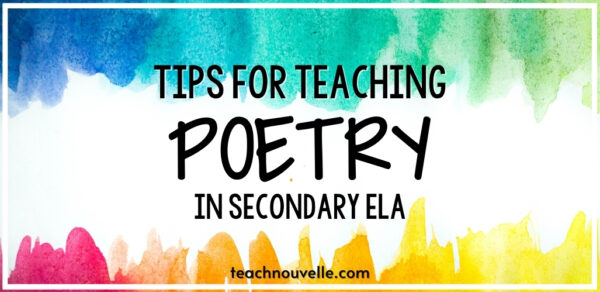 A watercolor rainbow at the top and bottom with the overlayed text "Teaching Poetry In Secondary ELA"
