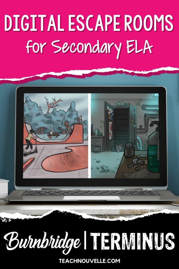In the center is a laptop screen with illustrated images of a skatepark on the left and an abandoned laborator on the right. In a pink box at the top the text is Digital Escape Rooms for Secondary ELA and in a black box on the bottom the text is Burnbridge & Terminus Teachnouvelle.com.