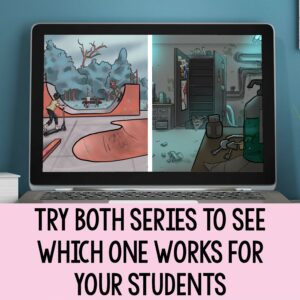 An open laptop, on the screen there is an illustrated image of a skatepark on the left side and an abandoned lab on the right side. On the bottom there is a light pink box with the text Try both series to see which one works for your students.