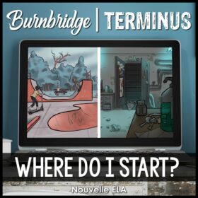 An open laptop, on the screen there is an illustrated image of a skatepark on the left side and an abandoned lab on the right side. The text at the top reads Burnbridge | Terminus and at the bottom it says Where do I start?