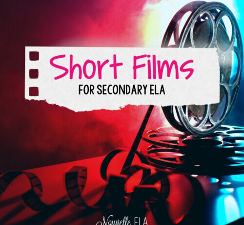 A reel of film, partially unwound in front of a pink and red background. The overlayed text says Short Films for Secondary ELA.