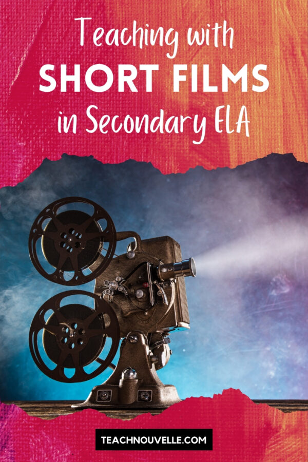 A film projector on a purple and blue background. There is a pink border at the top with text that says Short Films for Secondary ELA and the border at the bottom says teachnouvelle.com