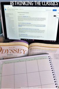 A photo of a laptop open to a Google Doc in the background, in the foreground is a text book about The Oddyssey by Homer, and a daily planner. White text at the top of the image reads "Rethinking the Classics"