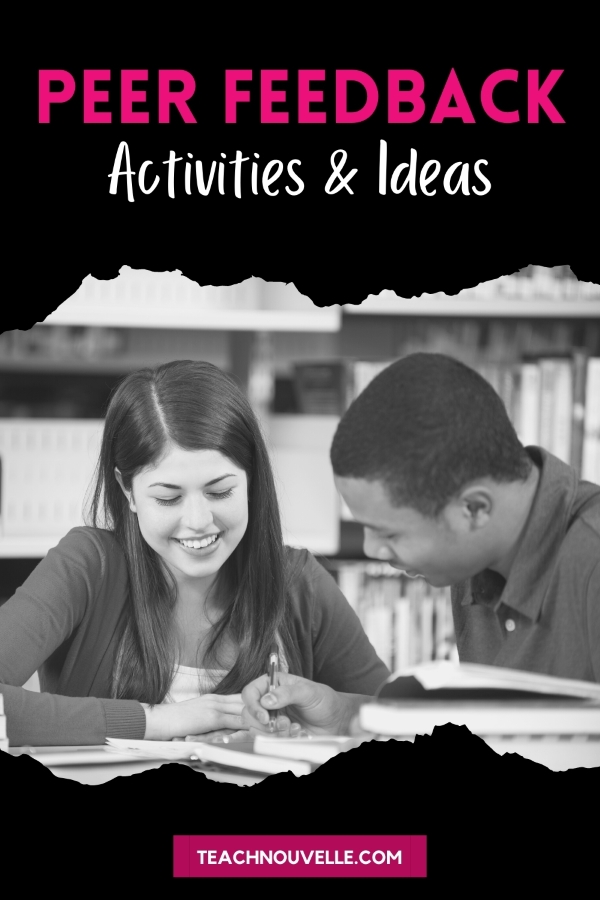 A photo of a white girl and a black boy studying in a library together. The top and bottom borders are black, overlaid with pink and white text that reads "Peer Feedback Activities & Ideas"