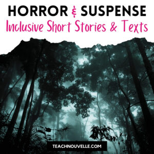 A photo of a dark, foggy forest with a white banner at the top of the image and black and pink text reading "Horror & Suspense - Inclusive Short Stories & Texts"