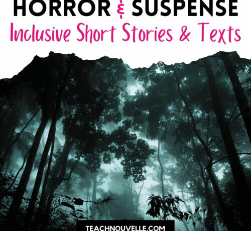 A photo of a dark, foggy forest with a white banner at the top of the image and black and pink text reading "Horror & Suspense - Inclusive Short Stories & Texts"