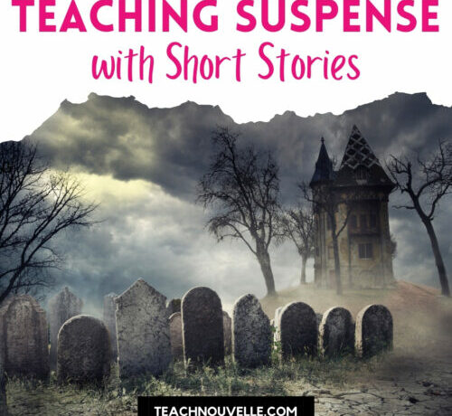 A photo of a foggy graveyard with a white border at the top and pink text reading "Teaching Suspense with Short Stories"