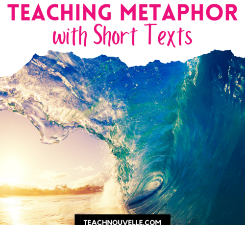 A phtoto of a wave breaking with a sunset in the background. There is a white border on top with pink text that reads "Teaching Metphor with Short Texts"