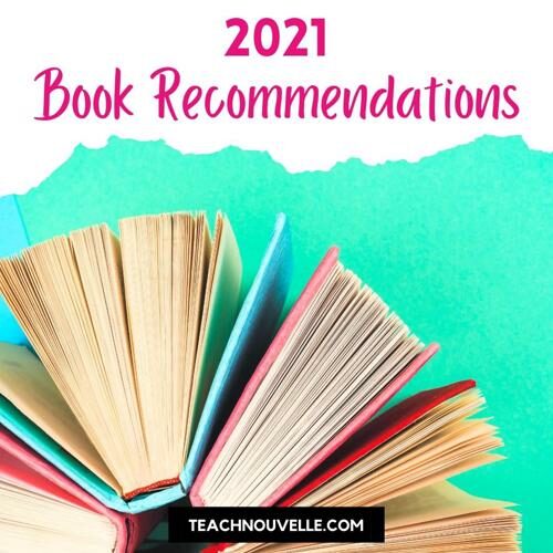 4 books standing on their ends, fanned out against a sea-foam green background. There is a white border at the top with pink text that reads "2021 Book Recommendations"