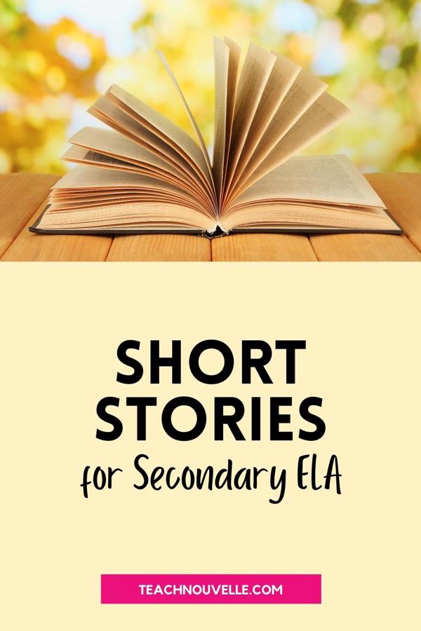 A photo of an open book on a table, bathed in golden light. Below the image is a creamy yellow box with black text that reads "Short Stories for Secondary ELA"