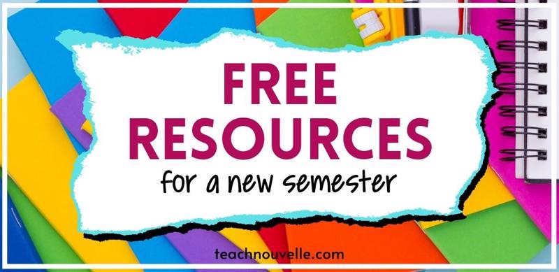 The background of this image is bunch of bright, primary colored folders. There is a white overlay with pink and black text that says "Free Resources for a new semester"
