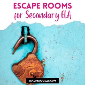 A photo of a blue door with a rusty, antique lock. There is a white border at the top with pink text "Escape Rooms for Secondary ELA"