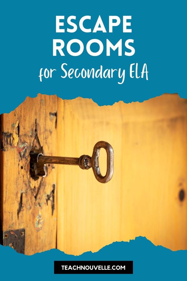 A photo of a wooden door with an antique skeleton key sticking out of the lock. There is a blue border at the top and bottom, on the top there is white text that says "Escape Rooms for Secondary ELA"