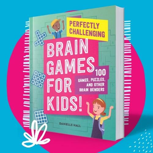 The cover of the book "Brain Games for Kids" by Danielle Hall on a pink and blue background.