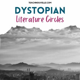 A black and white photo of a city skyline with mountains in the background. There is a white border at the top with blue and pink text reading "Dystopian Literature Circles"
