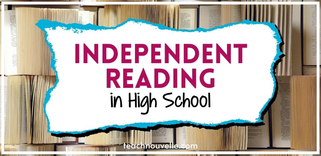 The background image is a photo of rows of open books. There is a white rectangle in the center with pink and black text reading "Independent Reading in High School"