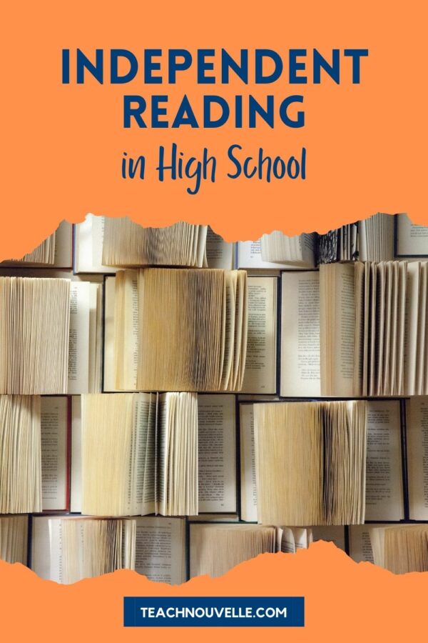A photo of rows of books lying open. There is an orange border at the top and bottom with blue text on the top reading "Independent Reading in High School"