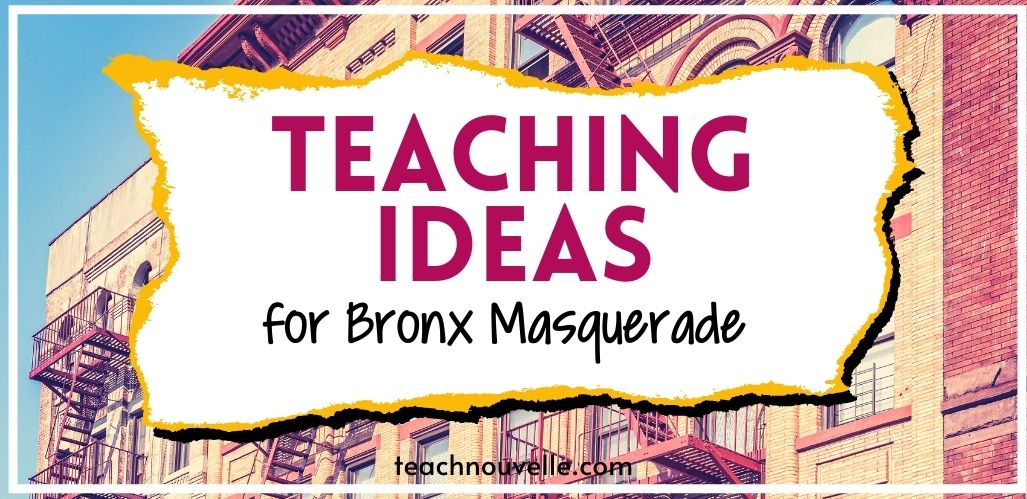 a photo of brick buildings with a white, rectangular graphic in the middle that says "Teaching Ideas for Bronx Masquerade" in pink and black text.